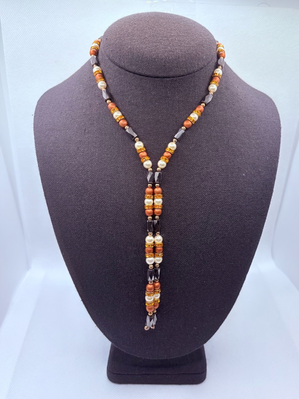Fun Hematite Magnetic Strand 24” Faux Pearls Copper Color Beads Goldtone Accents